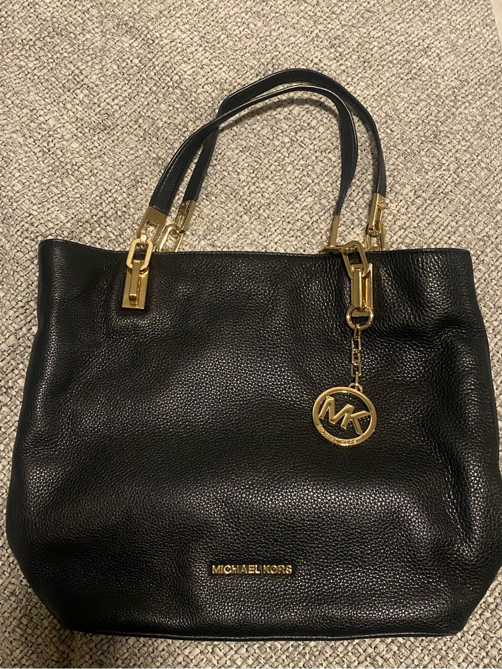 Michael Kors Black Leather Tote with Gold Logo Plaque
